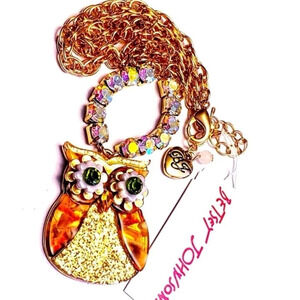 BETSEY JOHNSON Glittery Gold-Tone Aurora Borealis Crystal Bling Owl Necklace NWT